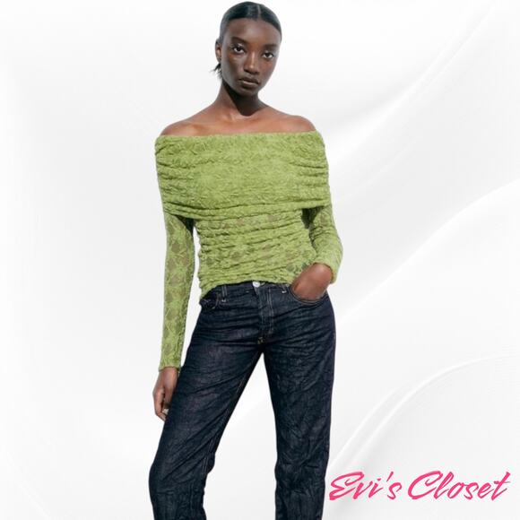 Zara Women's Off the Shoulder Sz L Pistachio Green Lace Sheer Top - Picture 2 of 10